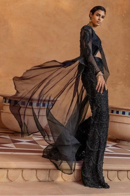 Black Organza Embroidery Bugle Beads Scoop Neck Jacket And Palazzo Set - The Couture by KJH