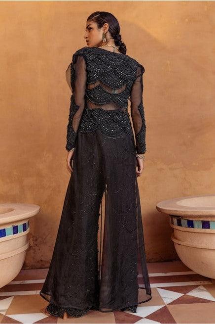 Black Organza Embroidery Bugle Beads Scoop Neck Jacket And Palazzo Set - The Couture by KJH