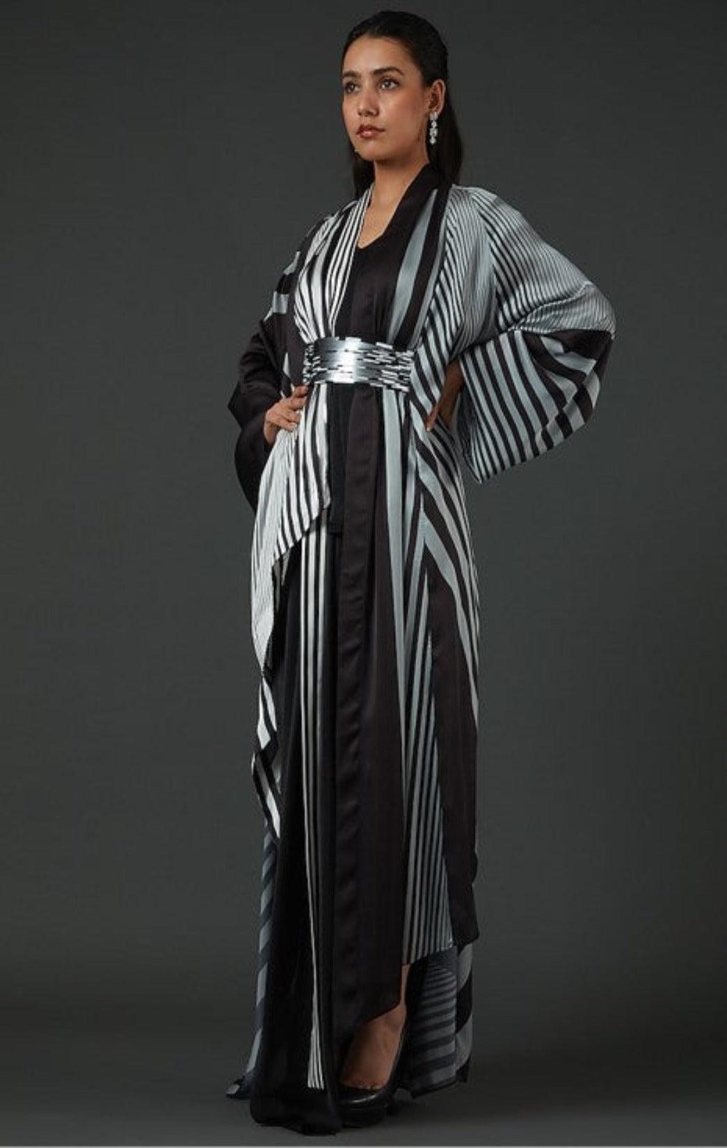 Black Chiffon Striped Cape And Skirt Set - The Couture by KJH