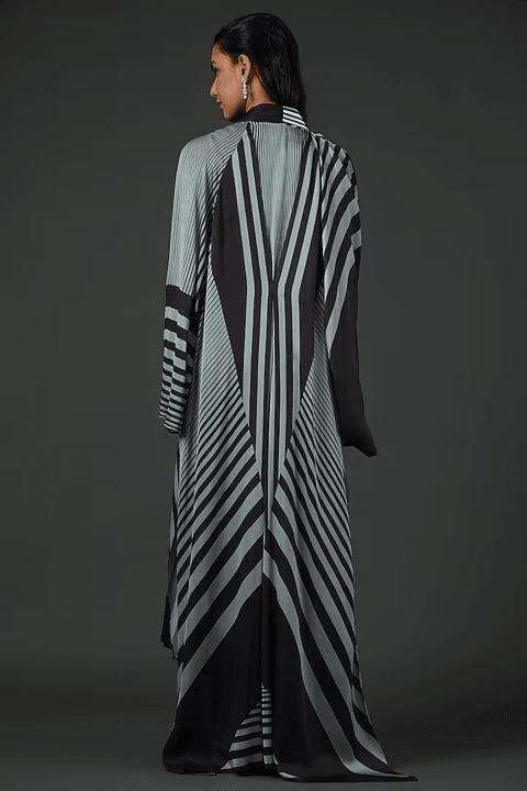 Black Chiffon Striped Cape And Skirt Set - The Couture by KJH