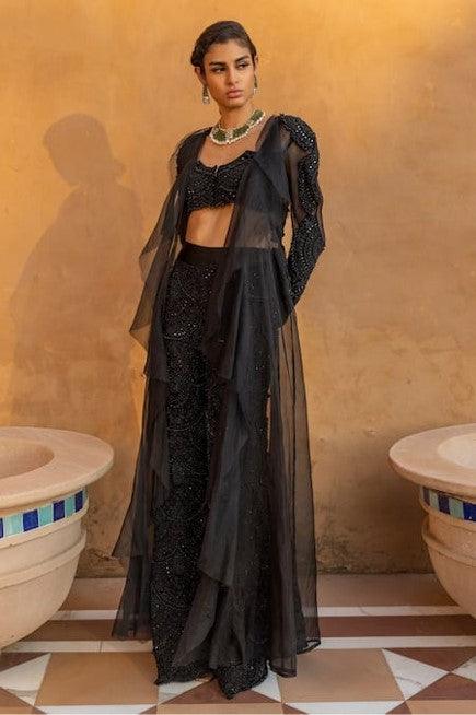 Black Organza Embroidery Bugle Beads Scoop Neck Jacket And Palazzo Set - The Couture by KJH