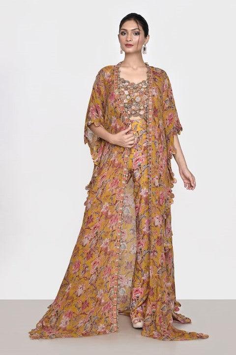 Yellow Printed Floral Blouse Scoop Jacket And Pant Set - The Couture by KJH