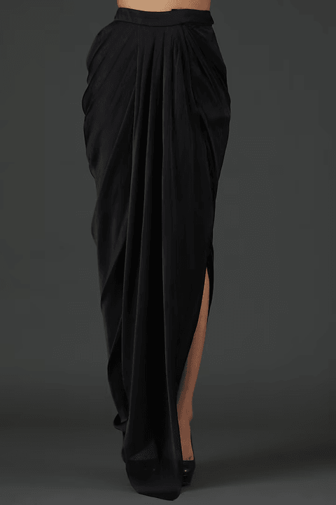 Black Chiffon Striped Cape And Skirt Set - The Couture by KJH