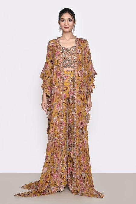 Yellow Printed Floral Blouse Scoop Jacket And Pant Set - The Couture by KJH