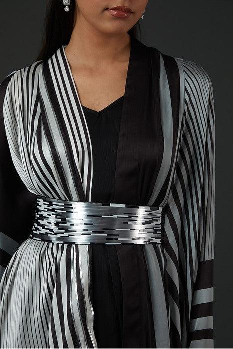 Black Chiffon Striped Cape And Skirt Set - The Couture by KJH