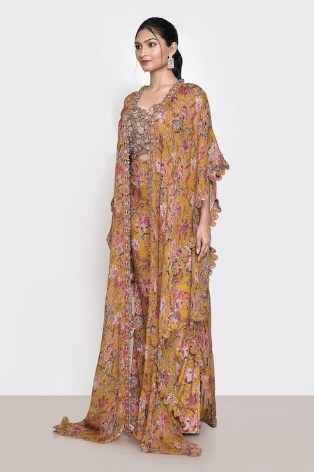 Yellow Printed Floral Blouse Scoop Jacket And Pant Set - The Couture by KJH