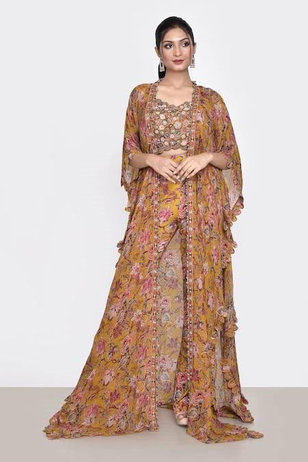 Yellow Printed Floral Blouse Scoop Jacket And Pant Set - The Couture by KJH