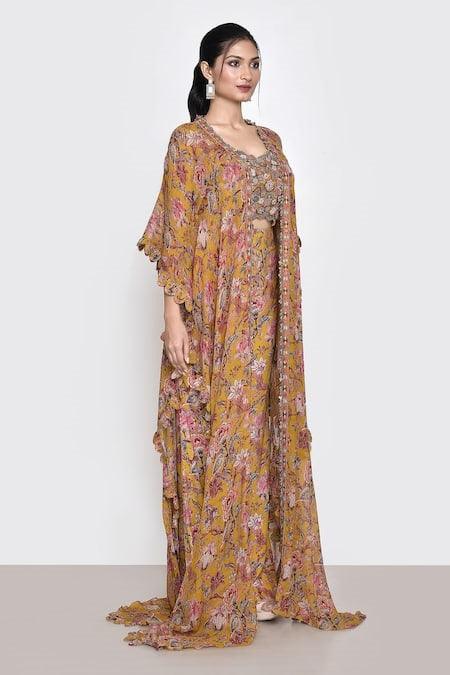 Yellow Printed Floral Blouse Scoop Jacket And Pant Set - The Couture by KJH