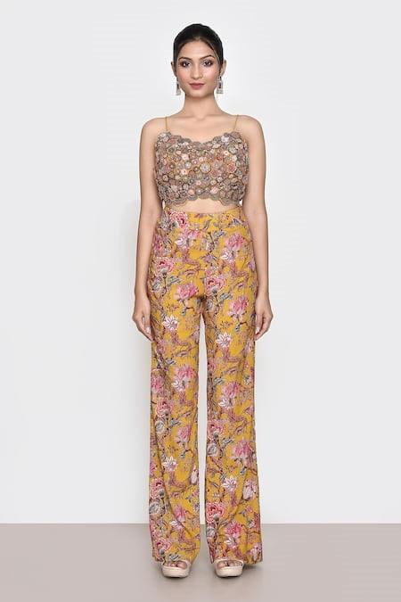Yellow Printed Floral Blouse Scoop Jacket And Pant Set - The Couture by KJH