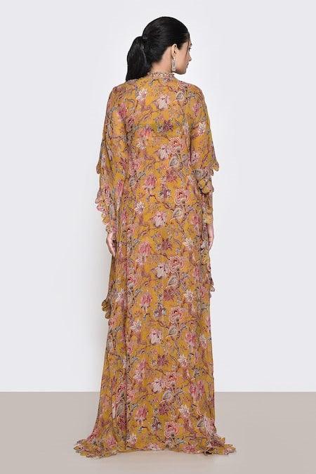 Yellow Printed Floral Blouse Scoop Jacket And Pant Set - The Couture by KJH