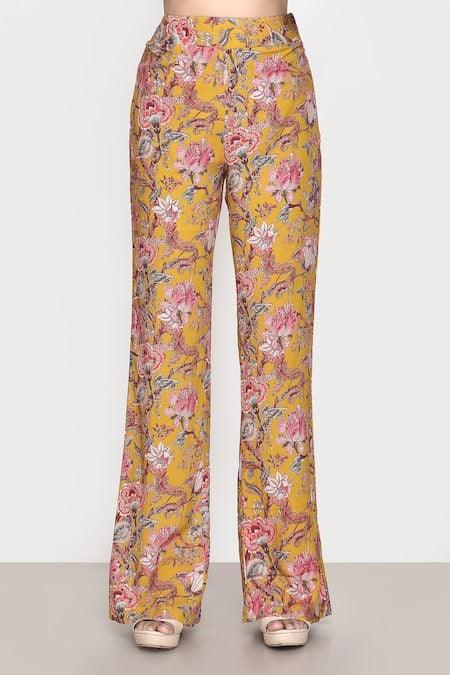 Yellow Printed Floral Blouse Scoop Jacket And Pant Set - The Couture by KJH