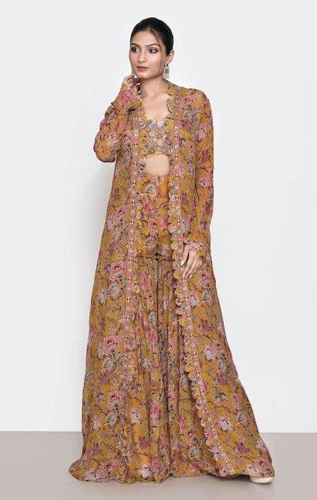 Yellow Printed Floral Blouse Scoop Jacket And Gharara Set - The Couture by KJH