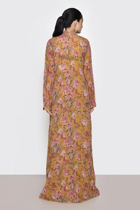 Yellow Printed Floral Blouse Scoop Jacket And Gharara Set - The Couture by KJH