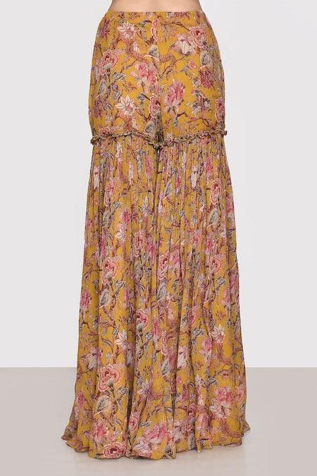 Yellow Printed Floral Blouse Scoop Jacket And Gharara Set - The Couture by KJH