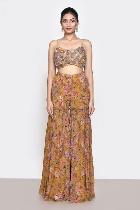 Yellow Printed Floral Blouse Scoop Jacket And Gharara Set - The Couture by KJH
