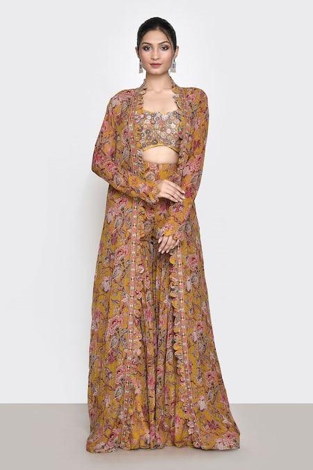 Yellow Printed Floral Blouse Scoop Jacket And Gharara Set - The Couture by KJH