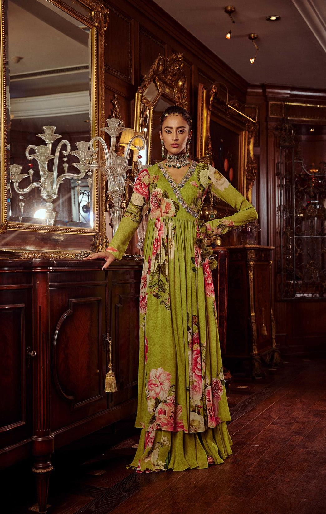 Green Viscose Georgette Hand Painted Mihika Angrakha And Sharara Set - The Couture by KJH