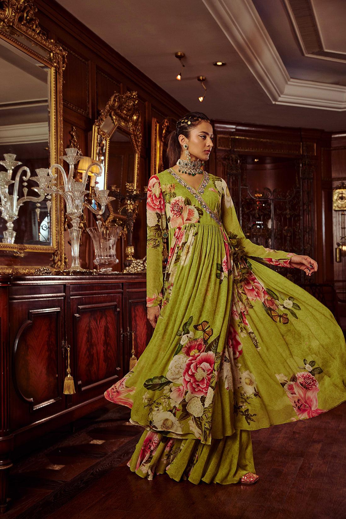 Green Viscose Georgette Hand Painted Mihika Angrakha And Sharara Set - The Couture by KJH