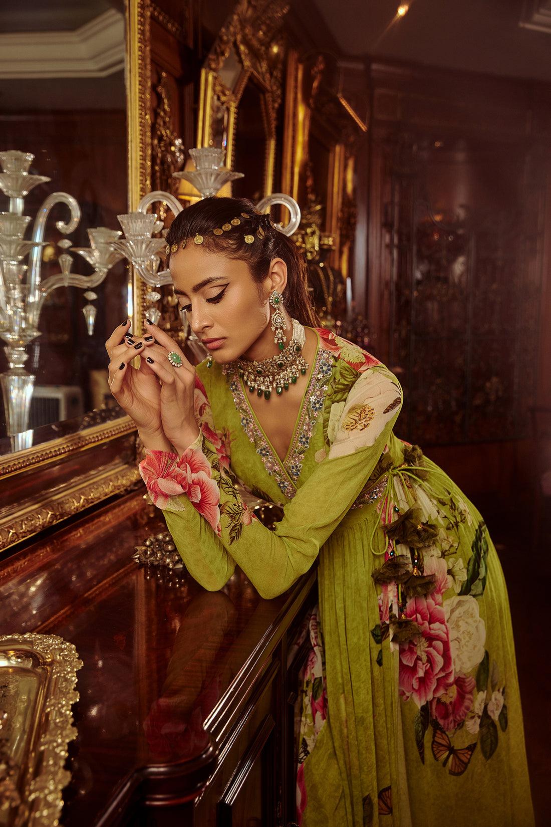 Green Viscose Georgette Hand Painted Mihika Angrakha And Sharara Set - The Couture by KJH
