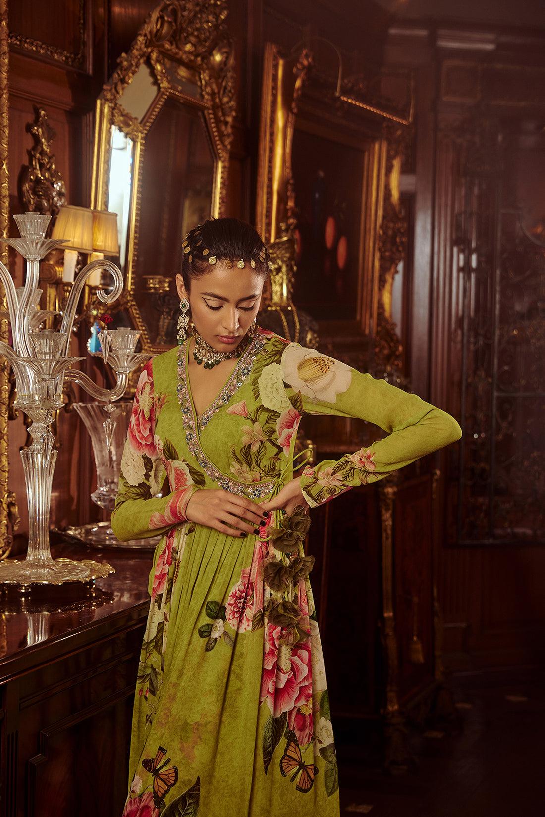 Green Viscose Georgette Hand Painted Mihika Angrakha And Sharara Set - The Couture by KJH