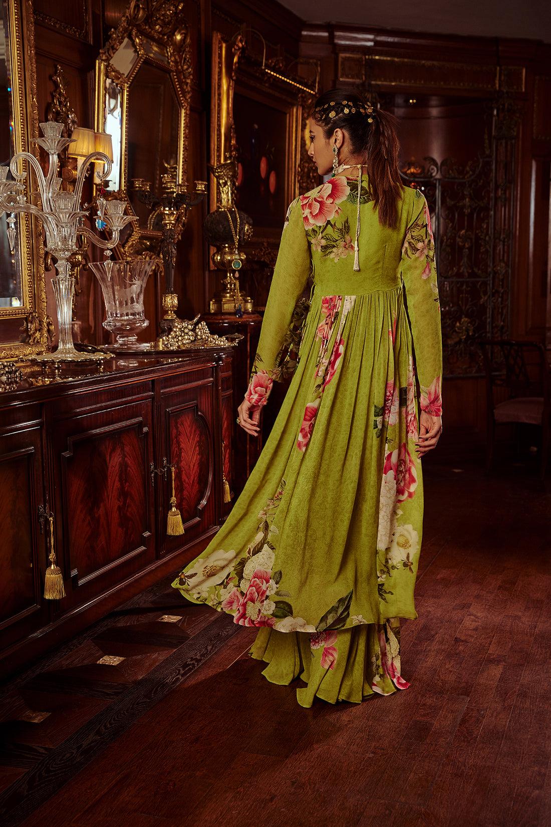Green Viscose Georgette Hand Painted Mihika Angrakha And Sharara Set - The Couture by KJH
