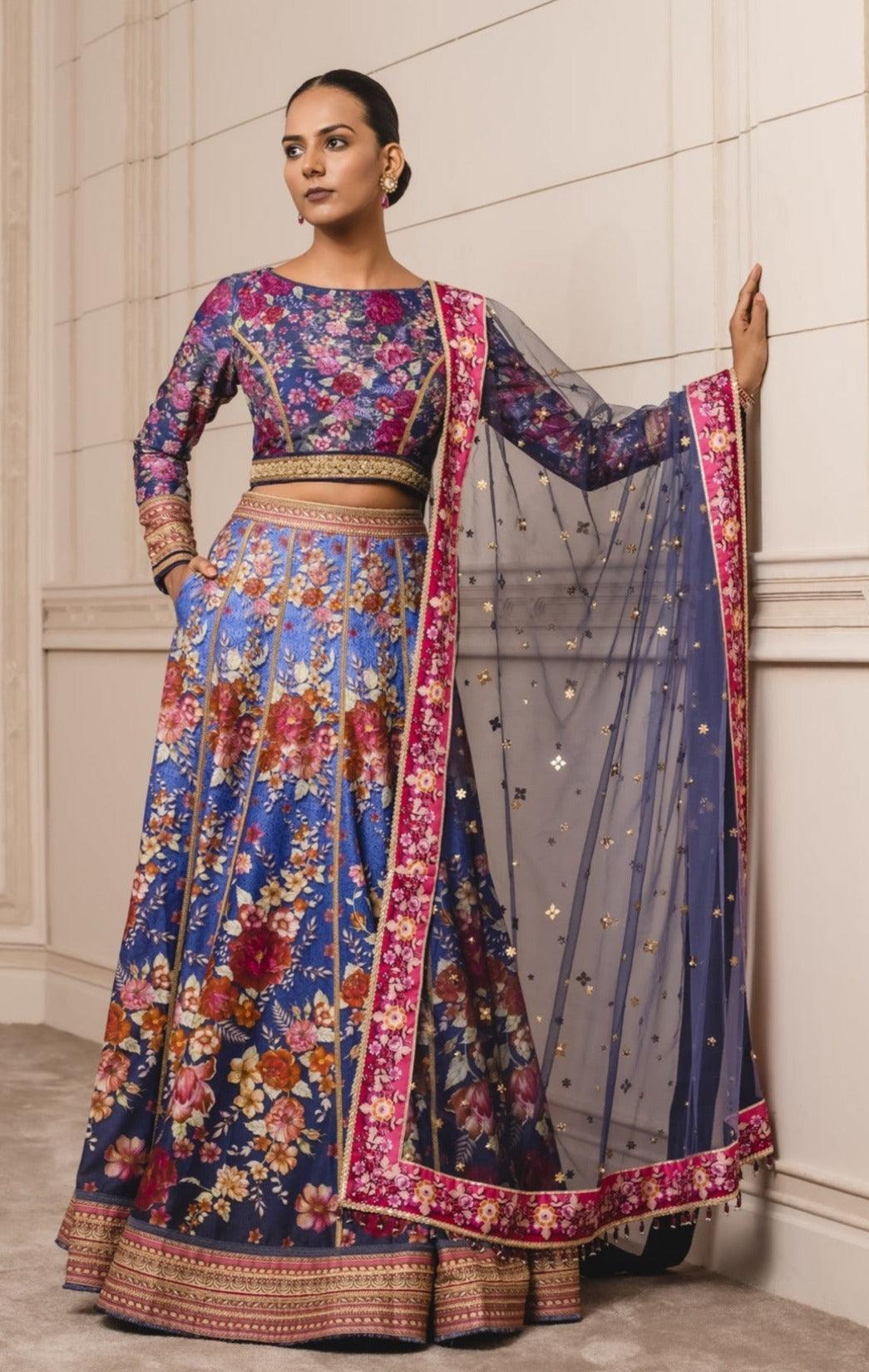 Blue Printed Lehenga with Printed Crop Top and Dupatta - The Couture by KJH