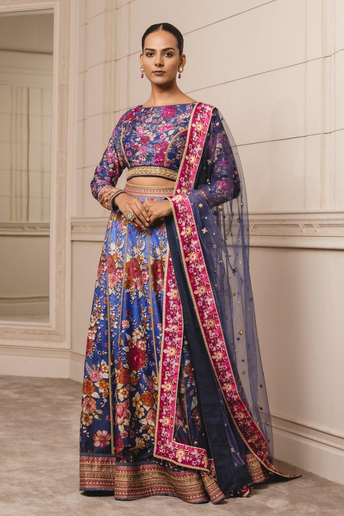 Blue Printed Lehenga with Printed Crop Top and Dupatta - The Couture by KJH