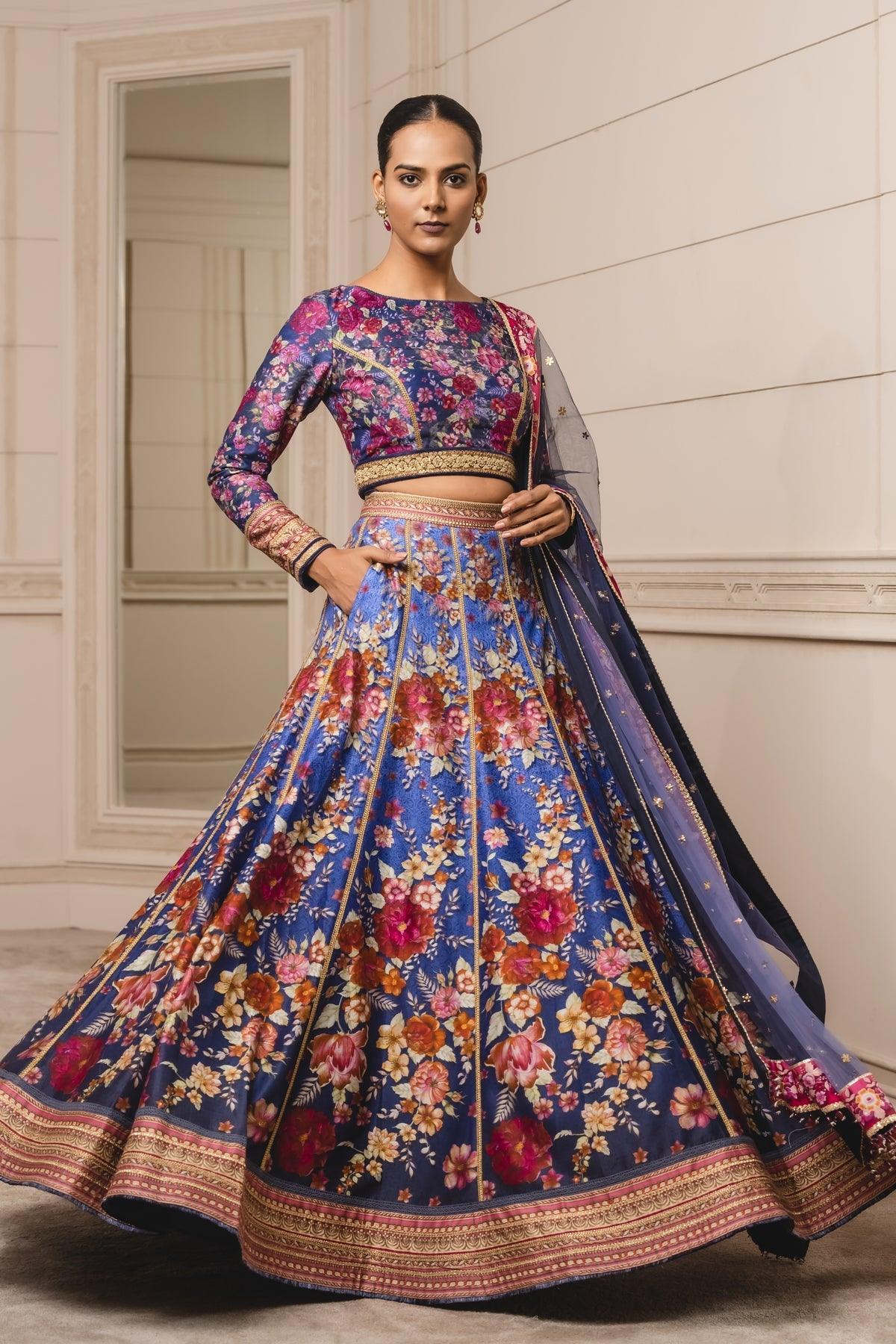 Blue Printed Lehenga with Printed Crop Top and Dupatta - The Couture by KJH