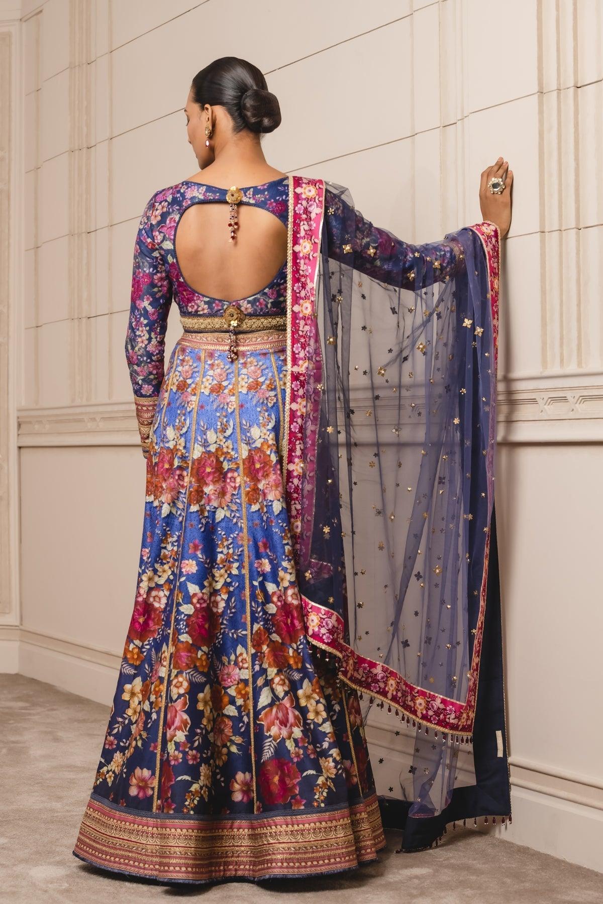 Blue Printed Lehenga with Printed Crop Top and Dupatta - The Couture by KJH