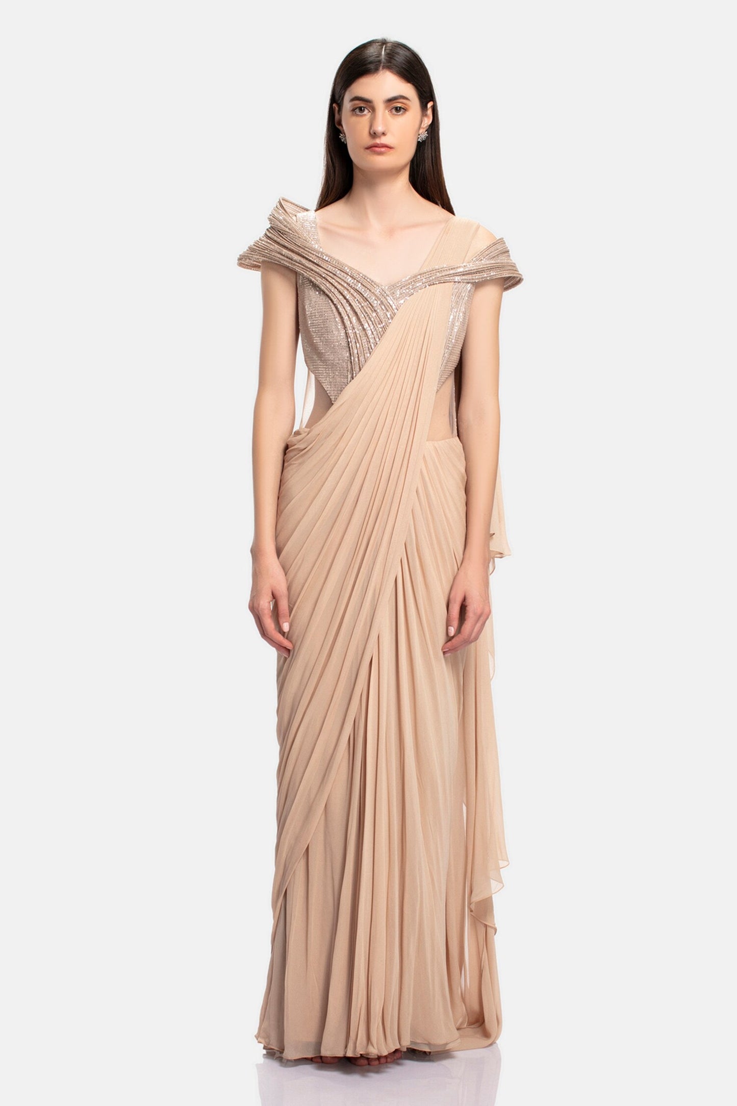 Beige Sequin Pre-draped Saree Gown