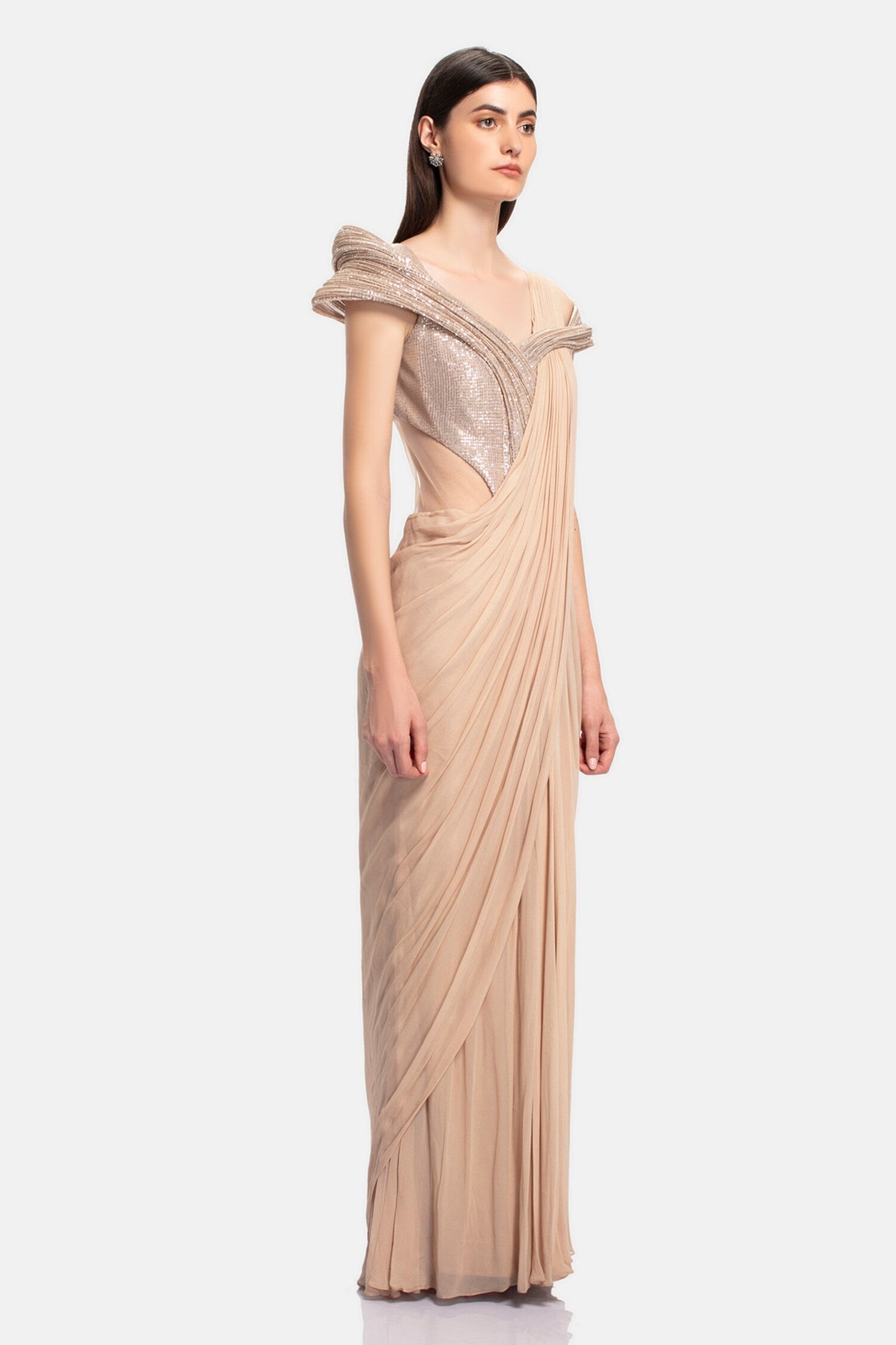 Beige Sequin Pre-draped Saree Gown