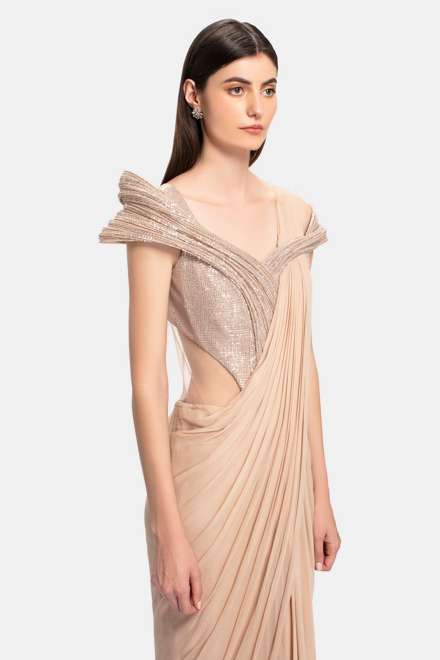 Beige Sequin Pre-draped Saree Gown