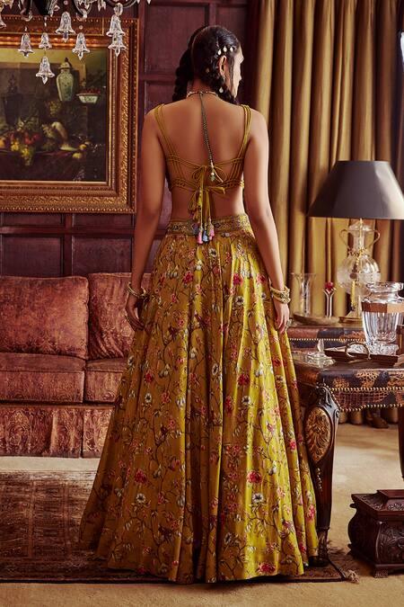 Yellow Viscose Silk Hand Painted Nazira Print Bridal Lehenga Set - The Couture by KJH