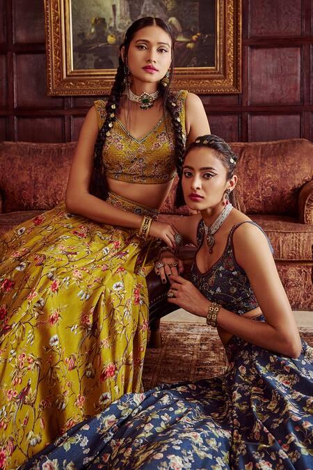 Yellow Viscose Silk Hand Painted Nazira Print Bridal Lehenga Set - The Couture by KJH