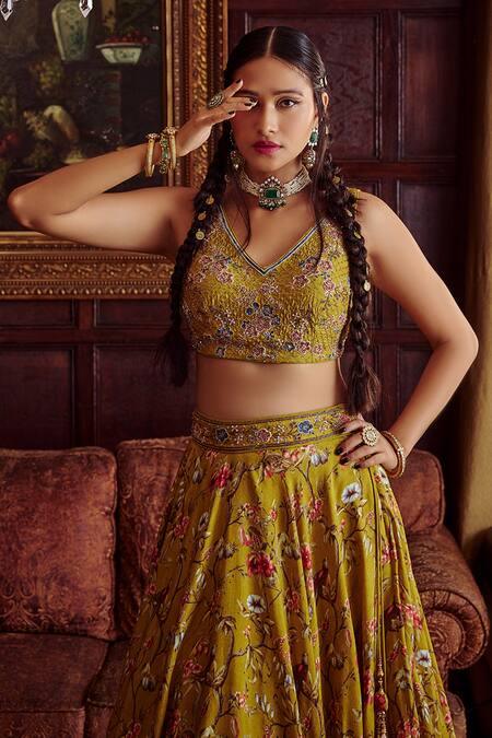 Yellow Viscose Silk Hand Painted Nazira Print Bridal Lehenga Set - The Couture by KJH