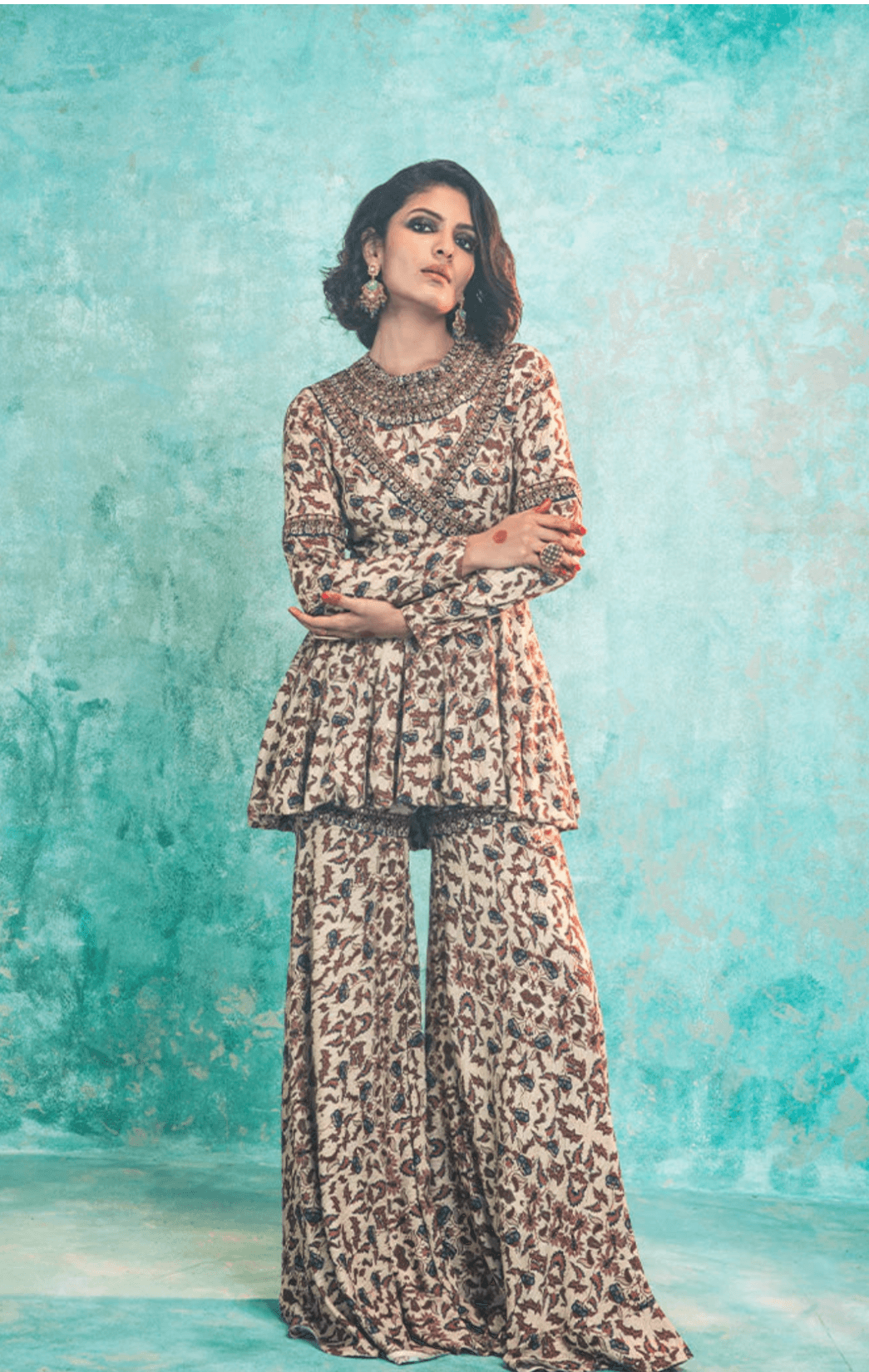 Navy Blue Printed Peplum Set - The Couture by KJH