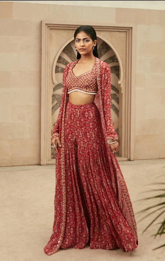 Red Printed Classic Jacket Set - The Couture by KJH