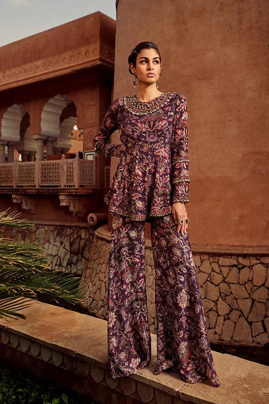 RETRO LOVE PURPLE SEQUENCE PRINTED PEPLUM SET - The Couture by KJH
