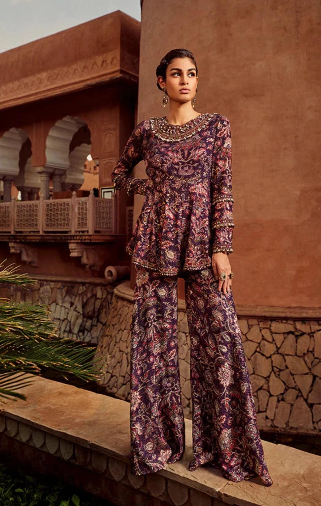 Retro Love Purple Sequence Printed Peplum Set - The Couture by KJH