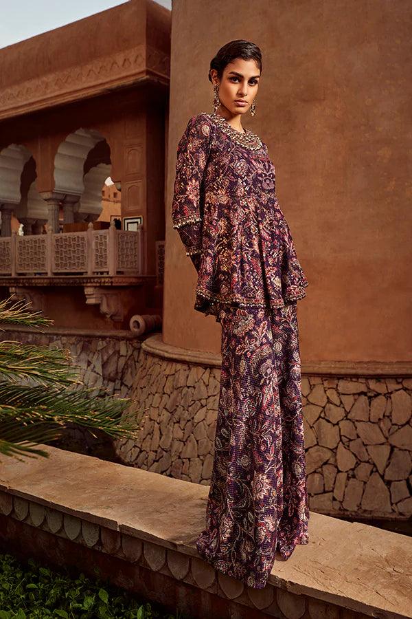 Retro Love Purple Sequence Printed Peplum Set - The Couture by KJH