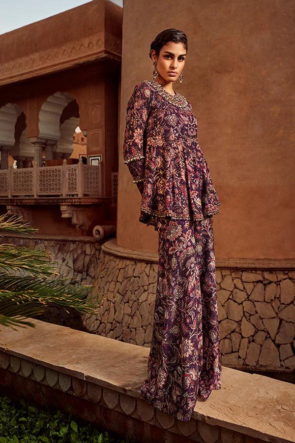 RETRO LOVE PURPLE SEQUENCE PRINTED PEPLUM SET - The Couture by KJH