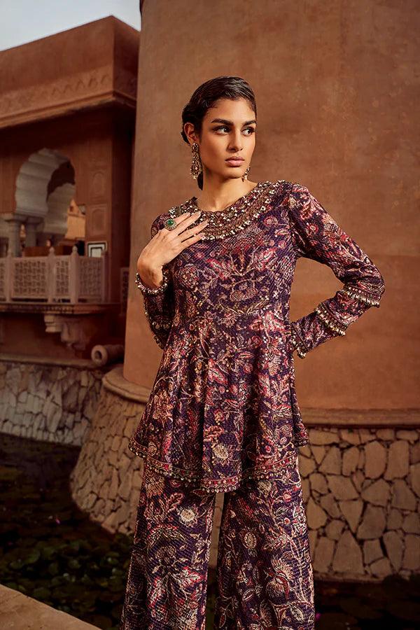 Retro Love Purple Sequence Printed Peplum Set - The Couture by KJH