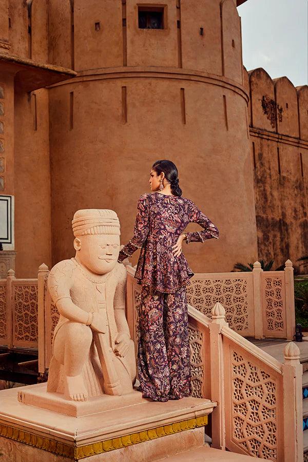 Retro Love Purple Sequence Printed Peplum Set - The Couture by KJH