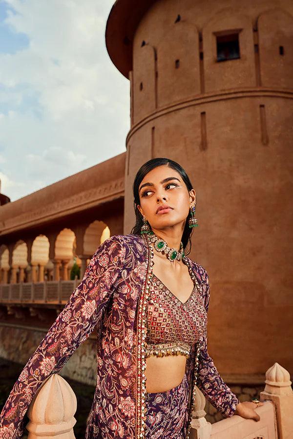 RETRO LOVE PURPLE EMBELLISHED PRINTED JACKET & SHARARA SET - The Couture by KJH