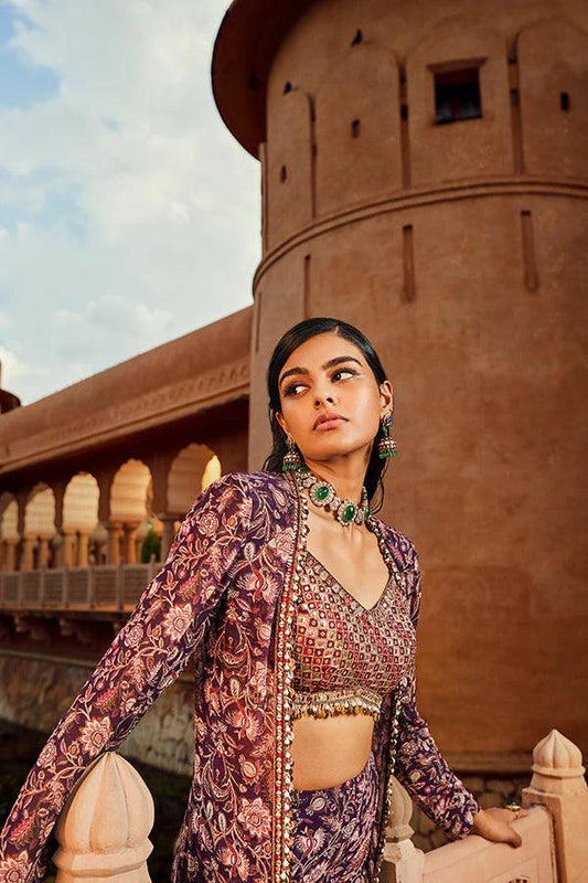 RETRO LOVE PURPLE EMBELLISHED PRINTED JACKET & SHARARA SET - The Couture by KJH