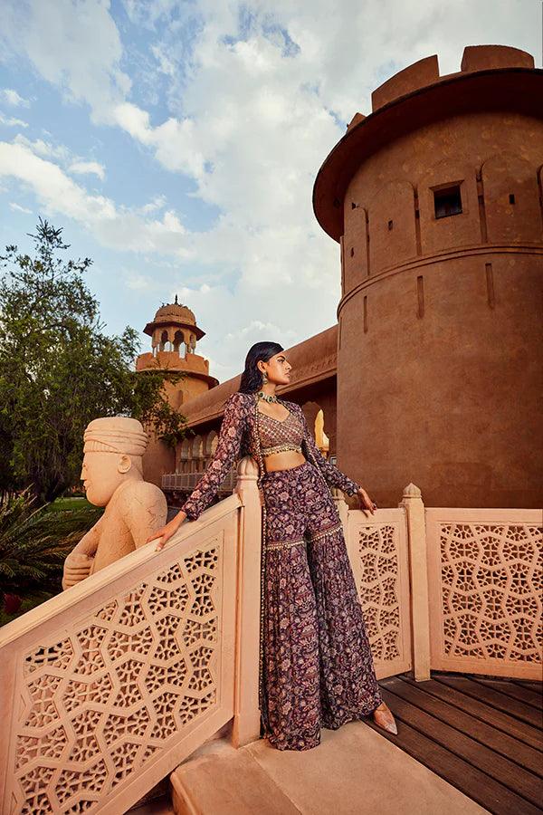 RETRO LOVE PURPLE EMBELLISHED PRINTED JACKET & SHARARA SET - The Couture by KJH