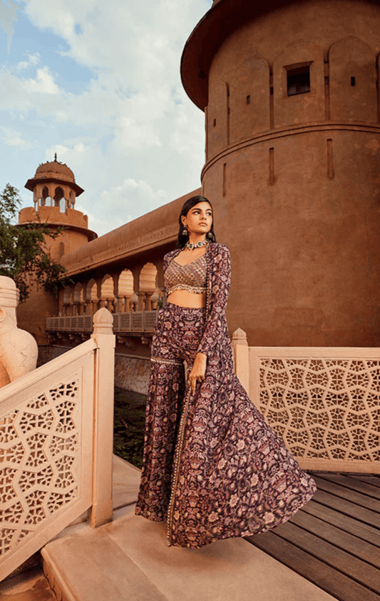 Retro Love Purple Embellished Printed Jacket & Sharara Set - The Couture by KJH