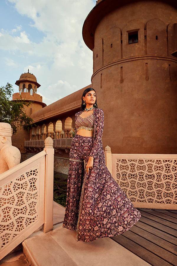 RETRO LOVE PURPLE EMBELLISHED PRINTED JACKET & SHARARA SET - The Couture by KJH