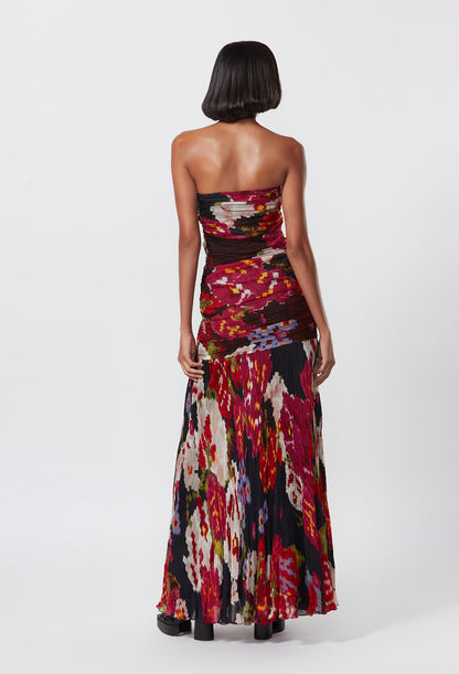 Black Chiffon Print Abstract Floral Straight Neck Strapless Gown