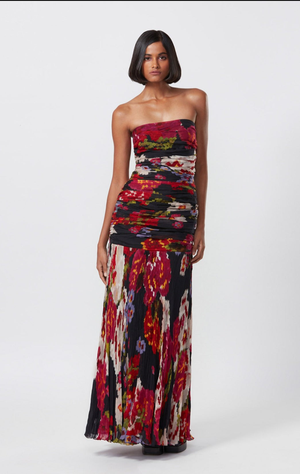 Black Chiffon Print Abstract Floral Straight Neck Strapless Gown